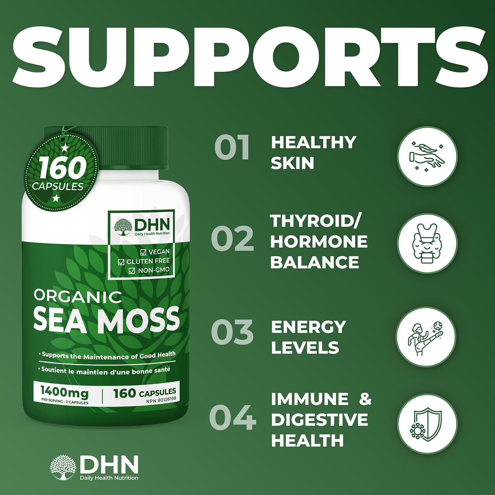 Organic Irish Sea Moss 160 Vegan Capsules | Includes Organic Seawrack & Burdo...