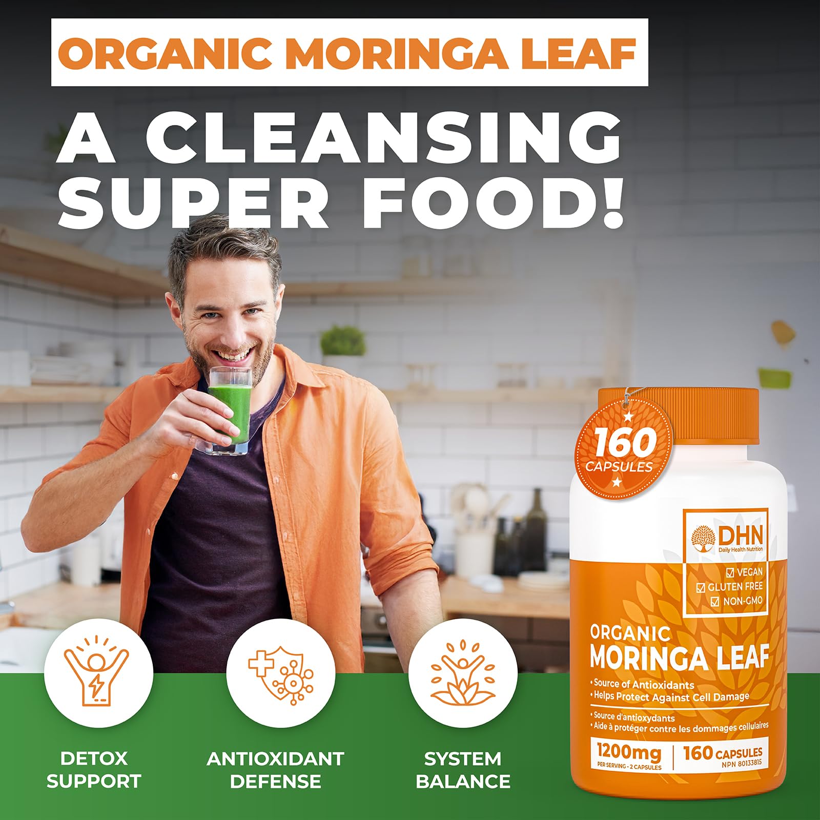 160 Organic Moringa Leaf Capsules | Organic Moringa Powder Supplement for Det...
