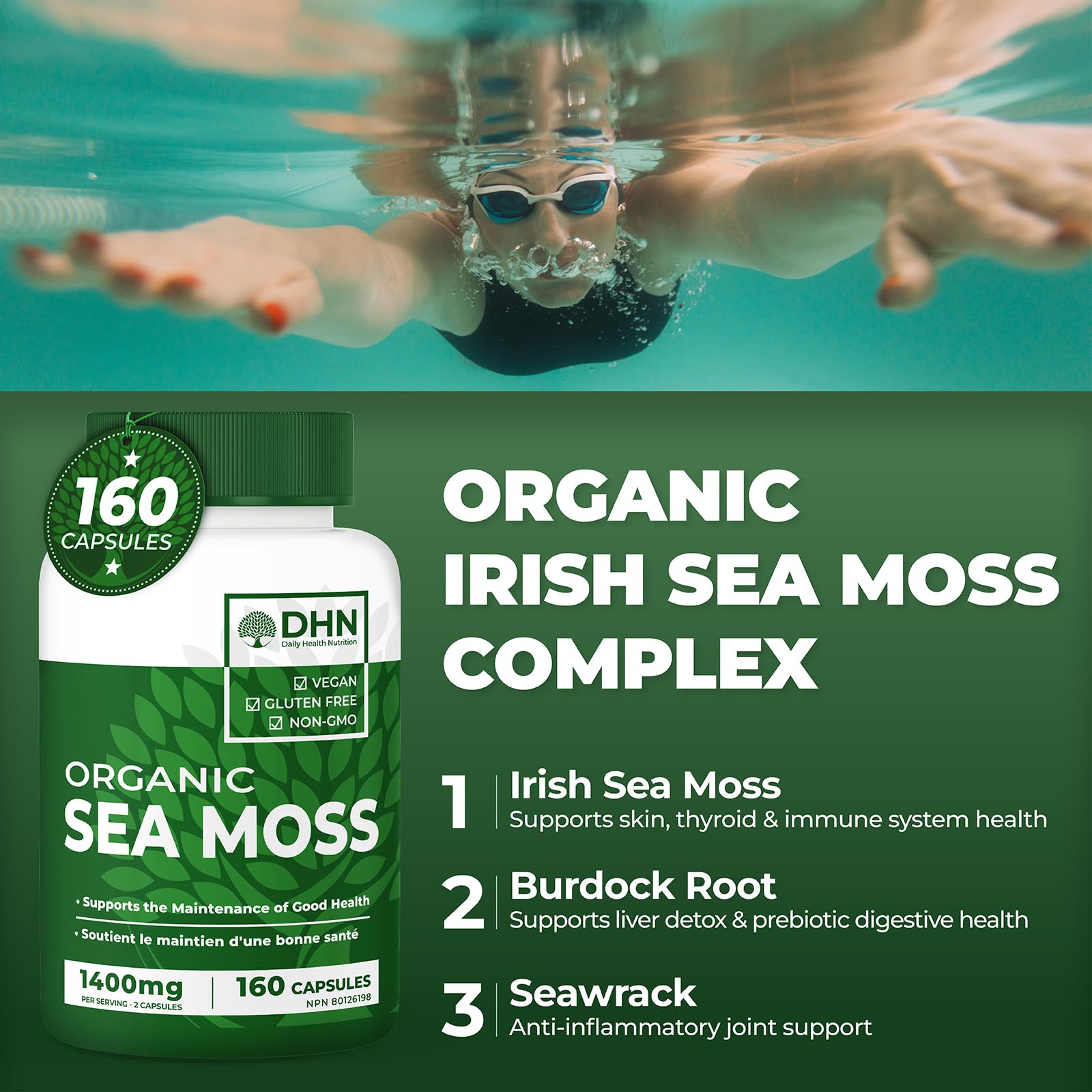 Organic Irish Sea Moss 160 Vegan Capsules | Includes Organic Seawrack & Burdo...