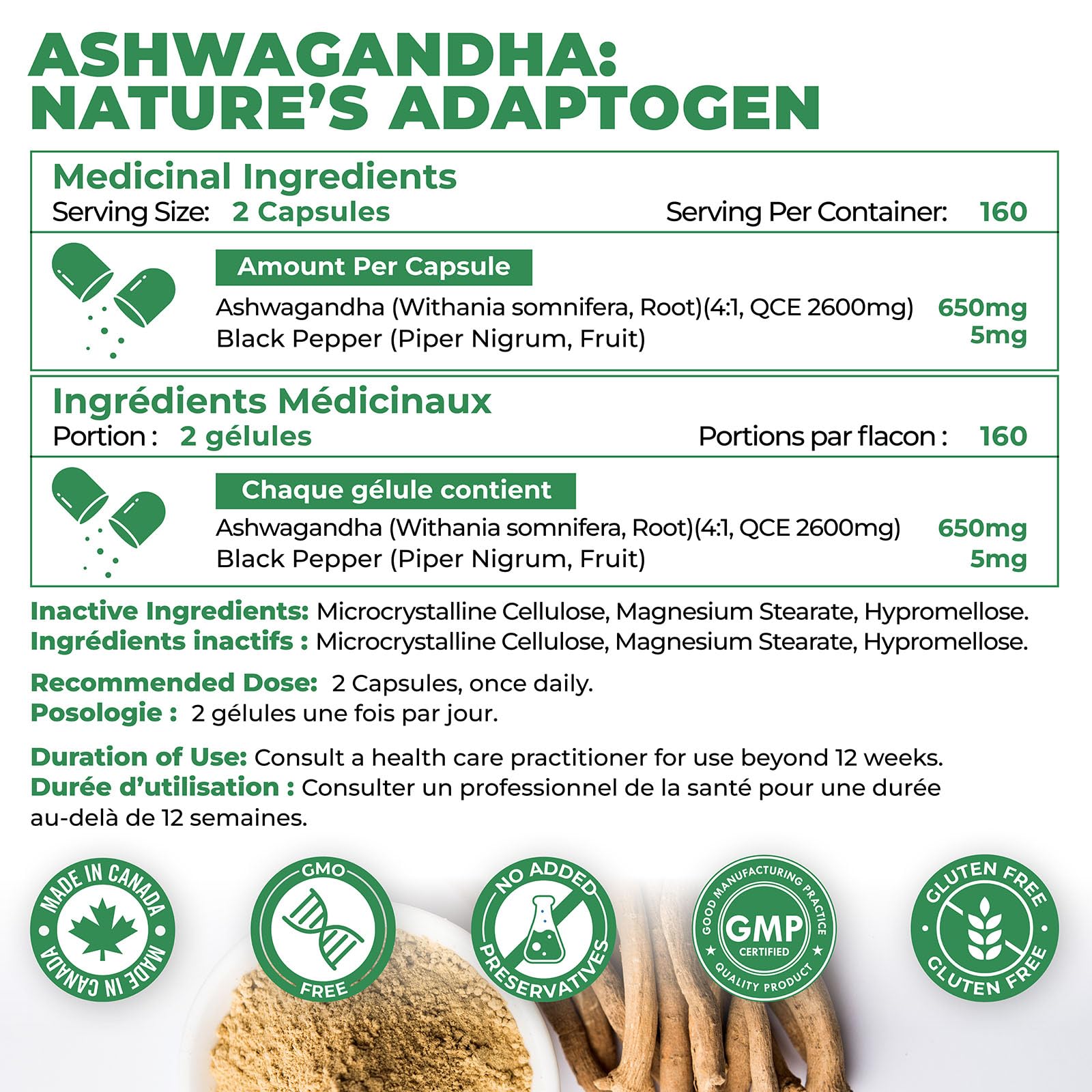 160 Concentrated Ashwagandha Root Capsules with Black Pepper | 520...